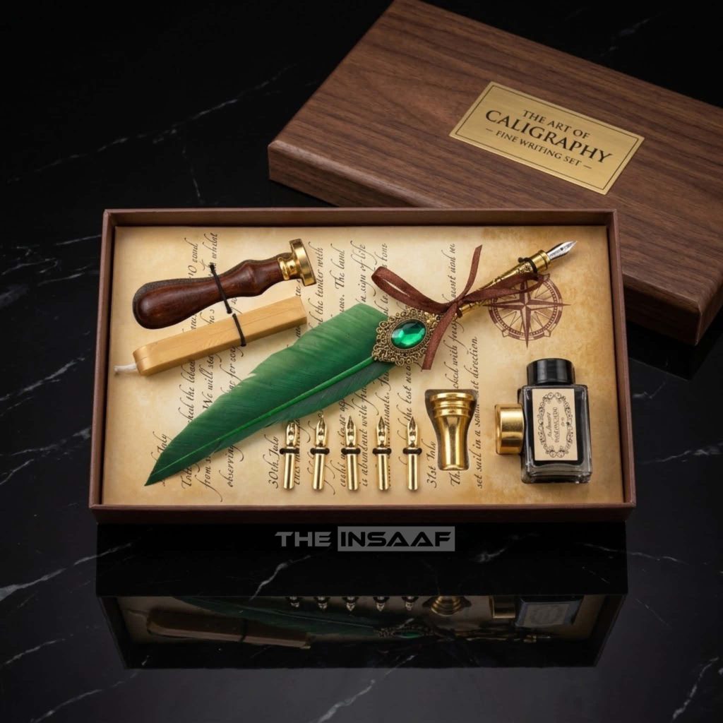 A vintage-style calligraphy feather pen and wax seal gift set presented in a brown box on a dark, reflective surface.